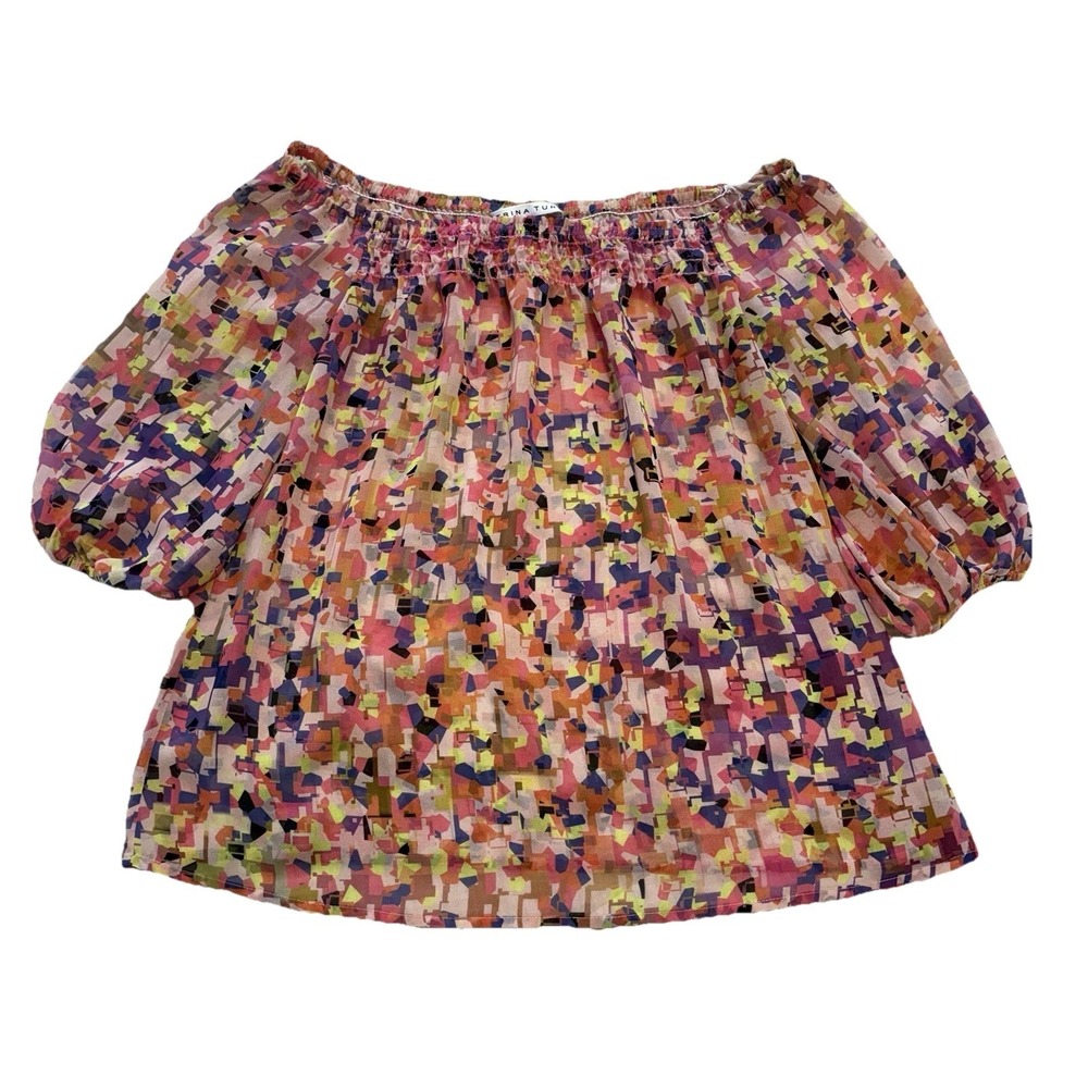 TRINA TURK Reid Top Size small Geometric Blouse Off Shoulder Sheer Retro Twee